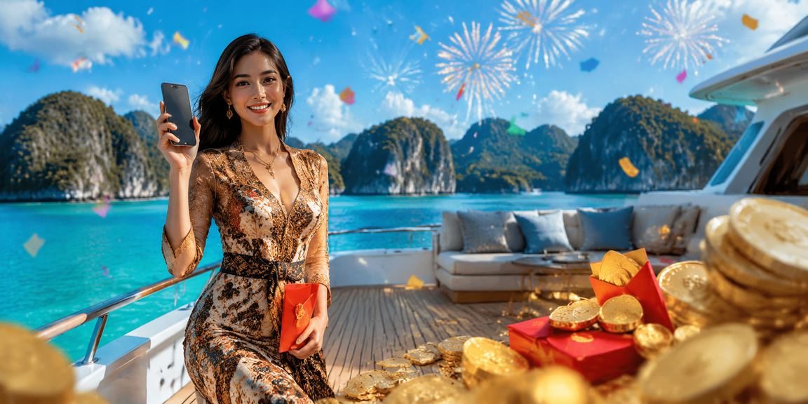 Amplop merah festival bonus meriah dengan dekorasi penuh warna dan cahaya terang