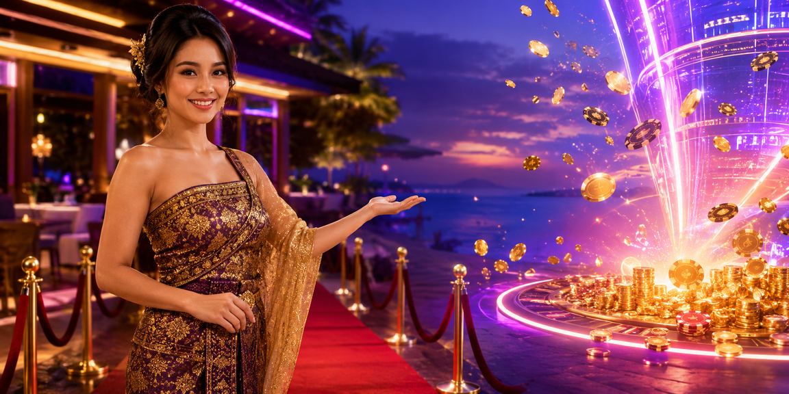Suasana malam gemerlap dengan lampu neon menampilkan hadiah VIP dan bonus eksklusif platform hiburan