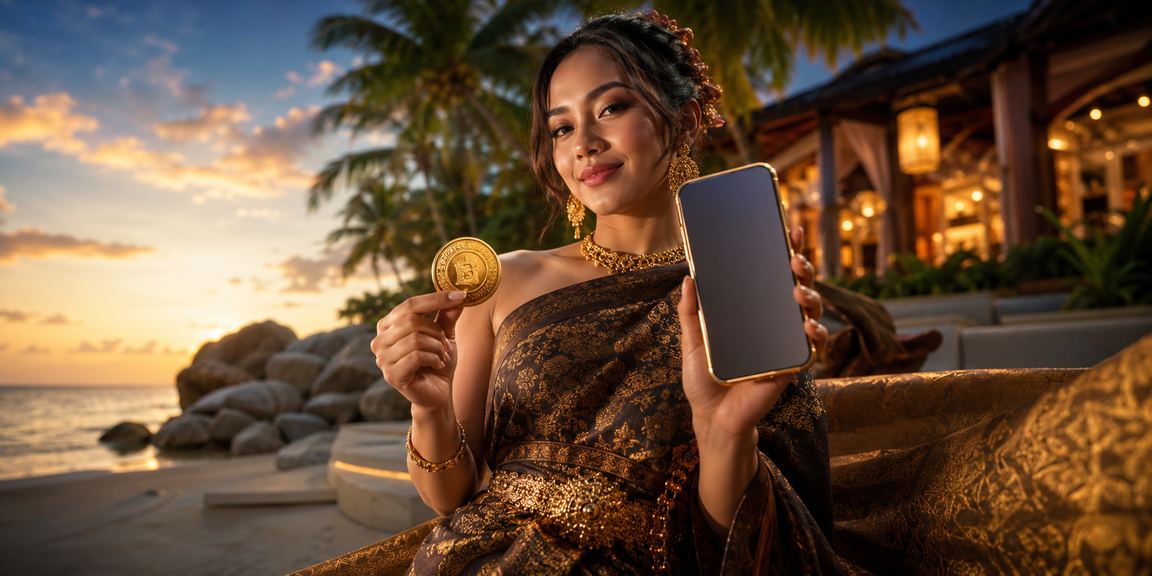Pengguna mengakses casino mobile di tepi pantai dengan suasana santai