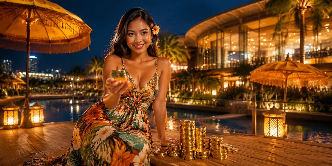Model Vietnam bermain kartu lotre dengan ekspresi antusias dan suasana malam yang hangat